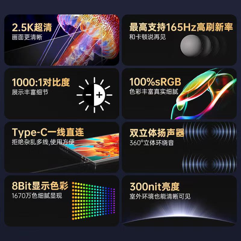 ollig·ARZOPA便攜式顯示器16.1英吋2.5K 165Hz電腦筆記本顯示副屏 - 图片 11