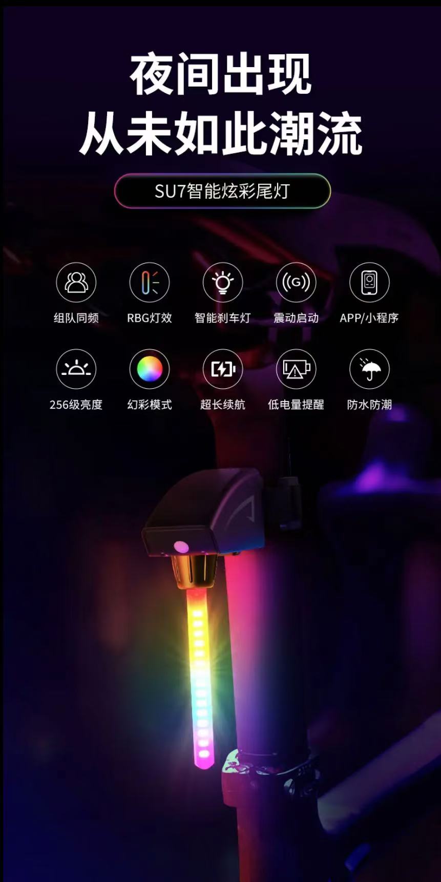 ollig·SU7智能炫彩尾燈公路車夜騎防水智能感應自動閃爍彩色 - 图片 2