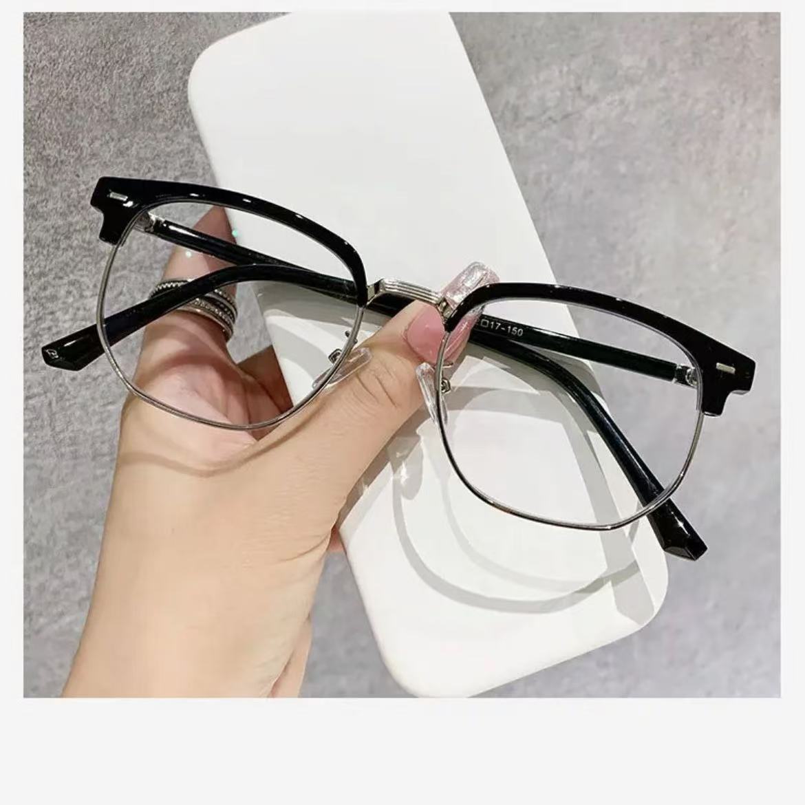 ollig·近視眼鏡男韓版潮半框素顏黑框防藍光可配度數顯臉小框平光鏡 - 图片 6