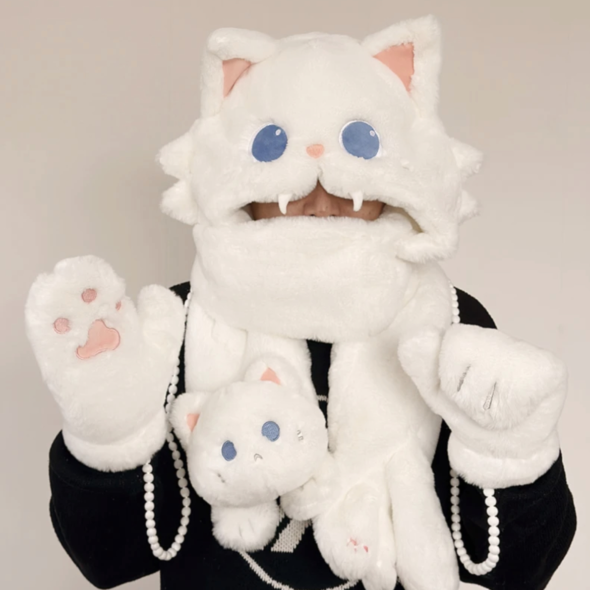 ollig·可愛貓咪圍脖帽子手套一體毛絨保暖百搭連帽圍巾冬季女生禮物 - 图片 2