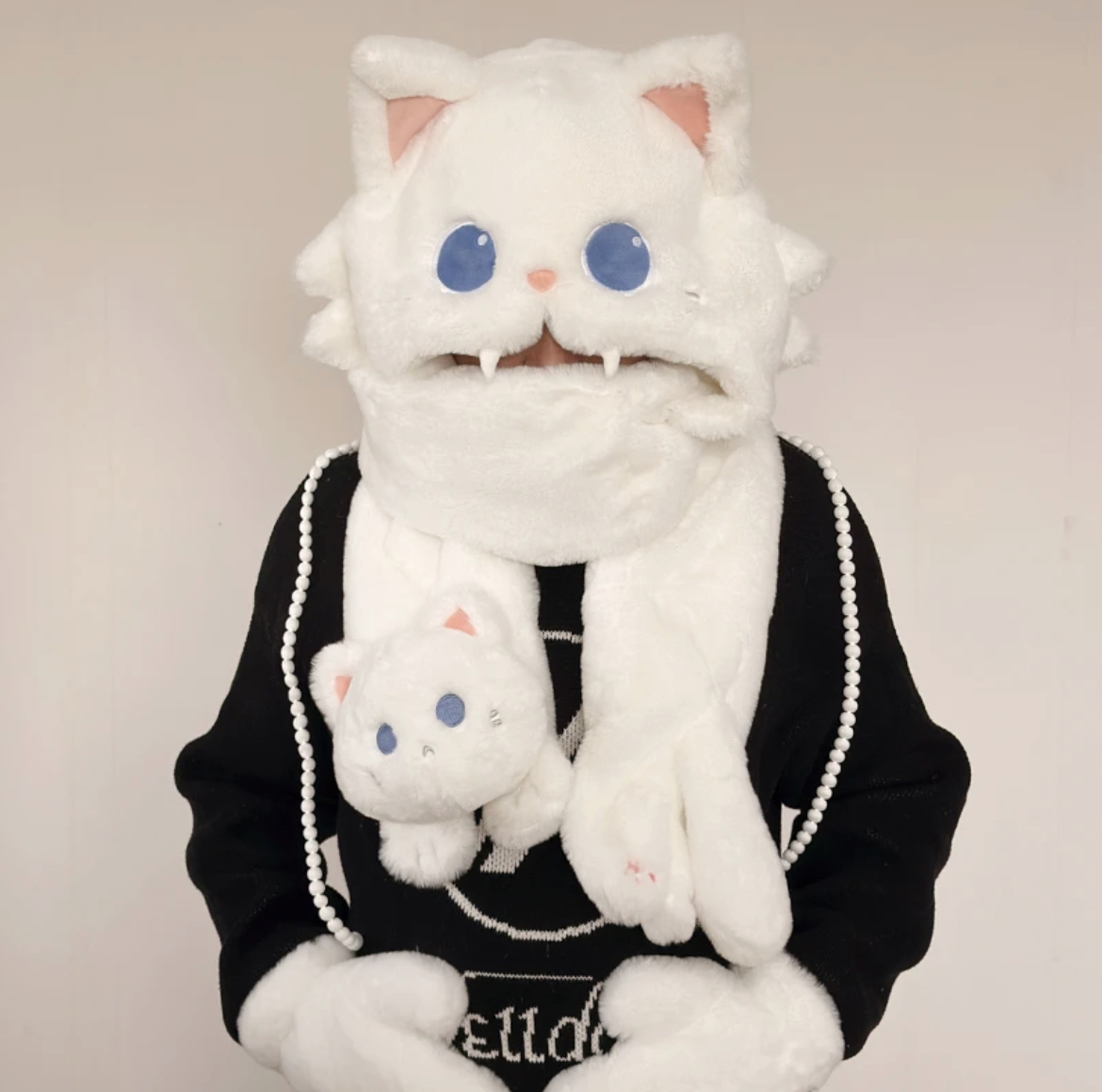 ollig·可愛貓咪圍脖帽子手套一體毛絨保暖百搭連帽圍巾冬季女生禮物 - 图片 3