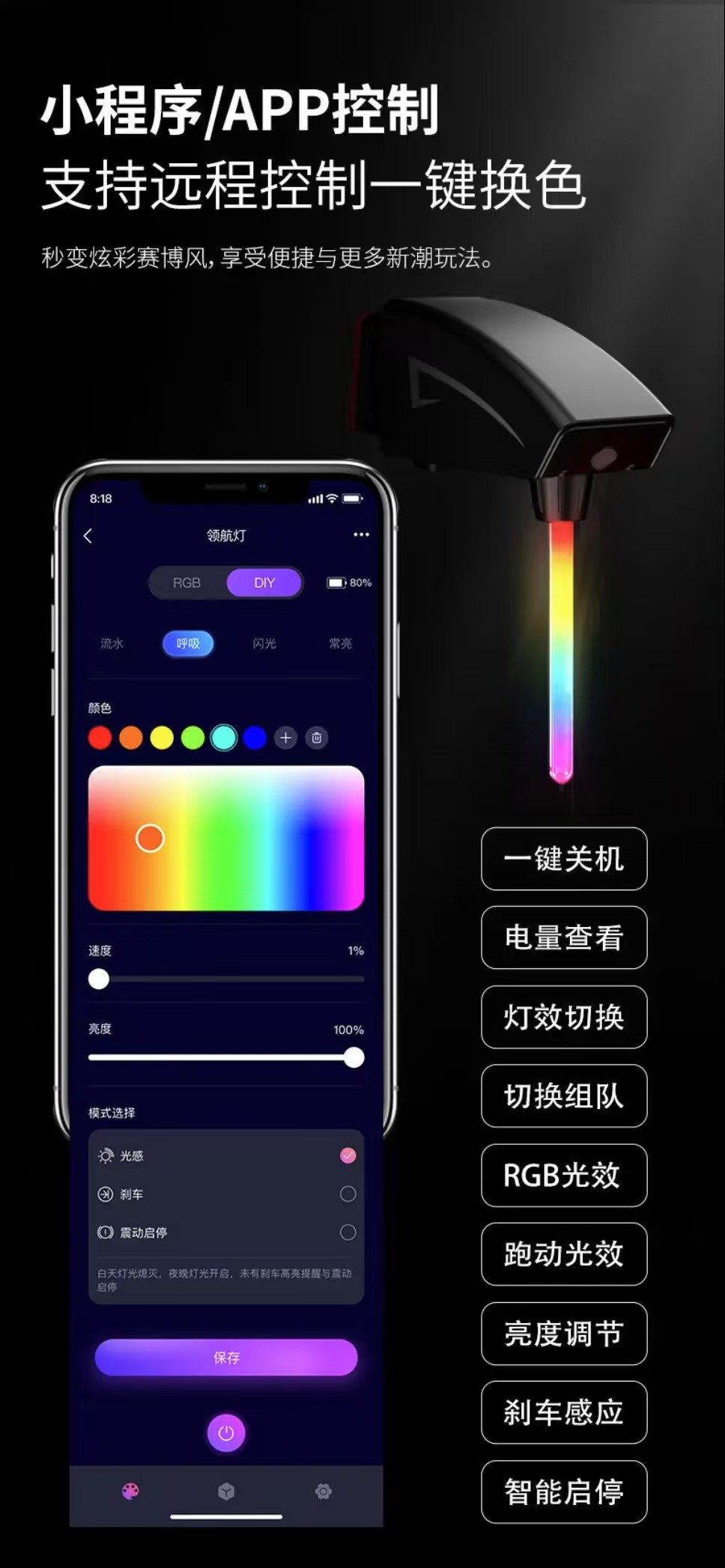 ollig·SU7智能炫彩尾燈公路車夜騎防水智能感應自動閃爍彩色 - 图片 5