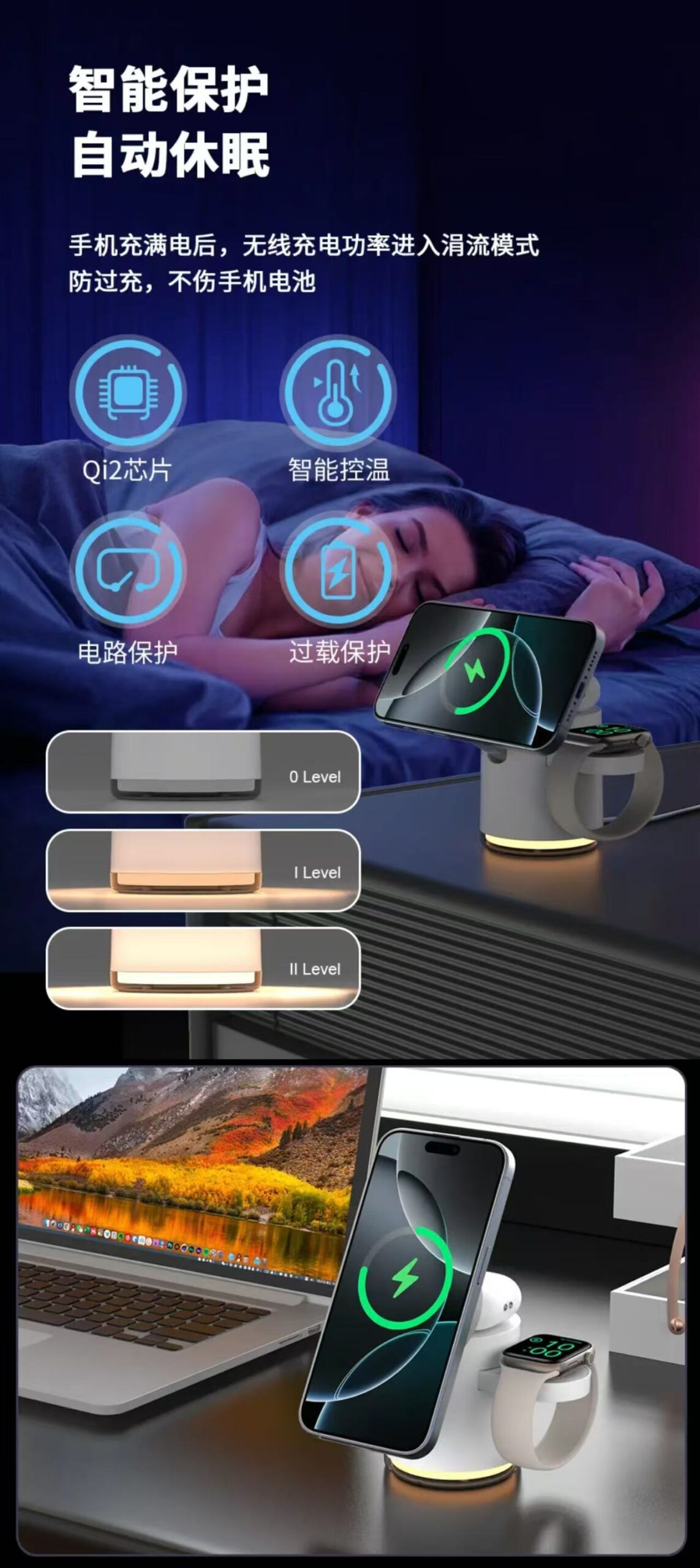 ollig·AreshQi2三合一磁吸無線充電器適用蘋果耳機床頭充電支架夜燈 - 图片 14