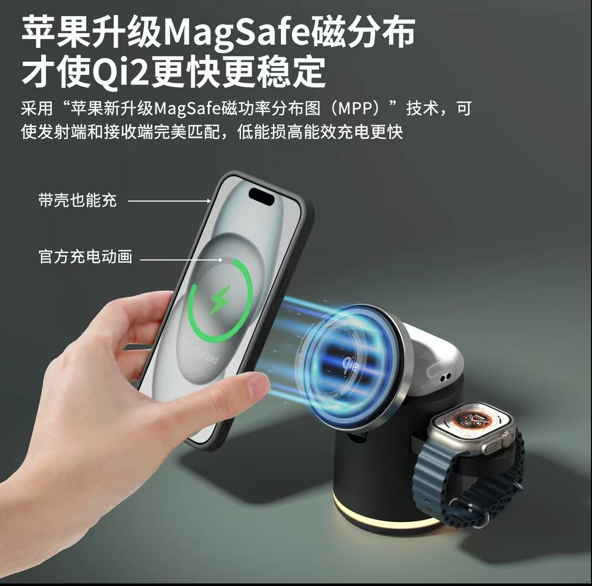 ollig·AreshQi2三合一磁吸無線充電器適用蘋果耳機床頭充電支架夜燈 - 图片 4