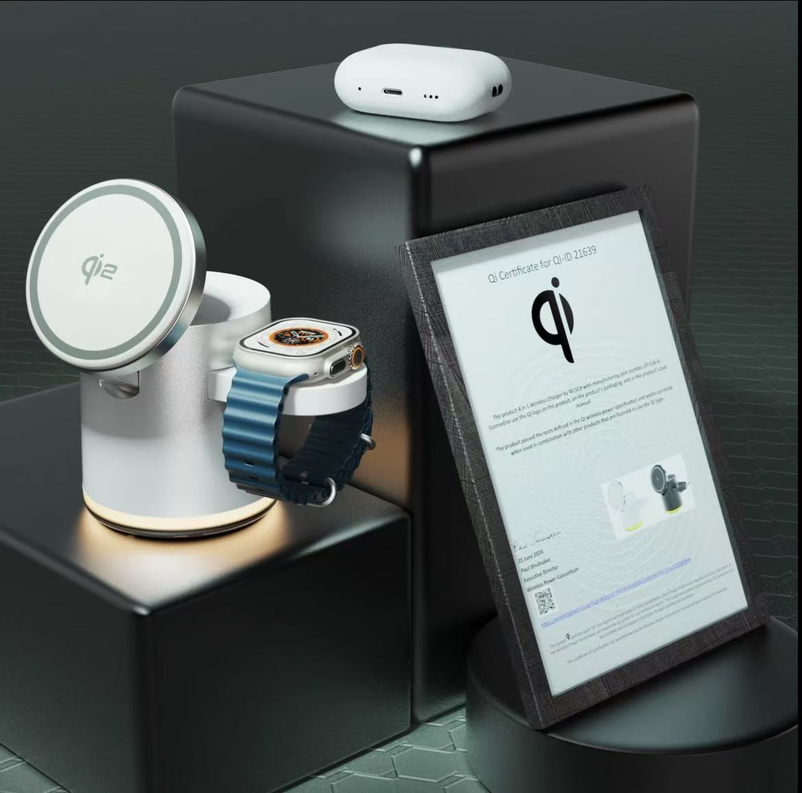 ollig·AreshQi2三合一磁吸無線充電器適用蘋果耳機床頭充電支架夜燈 - 图片 3